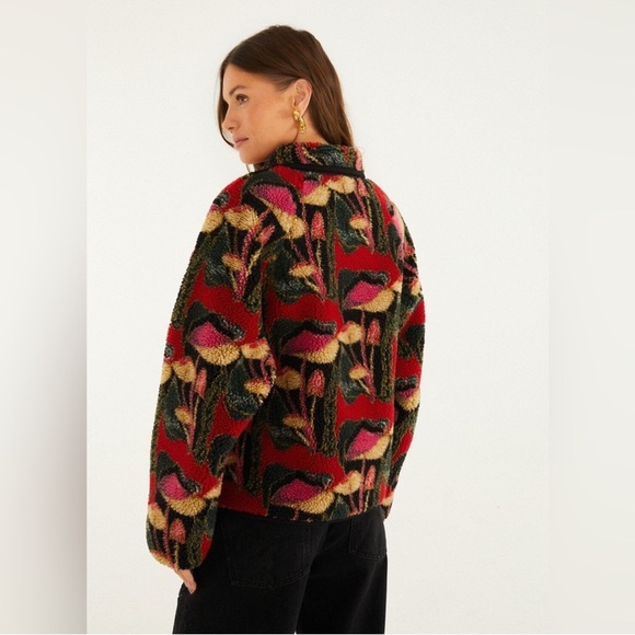 Farm Rio Black Wild Mushrooms Fleece Bomber Jacket - Picture 5 of 9